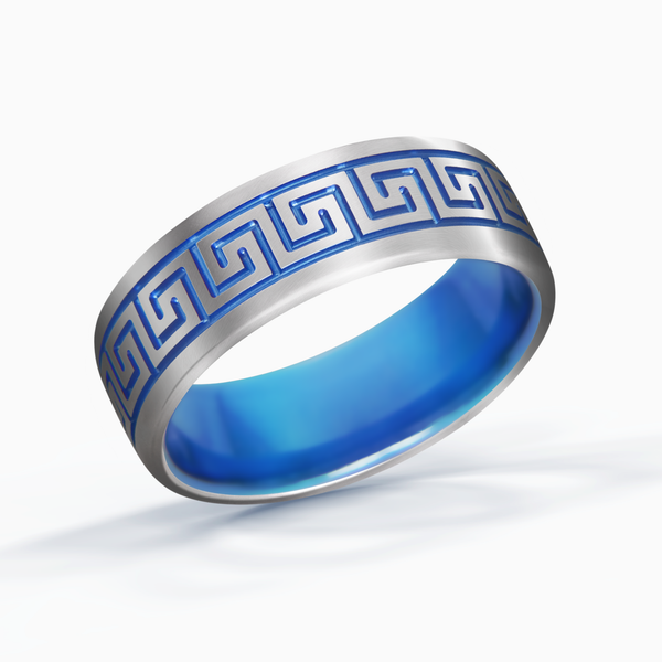 Greek Key Titanium Ring with Silver Inlay