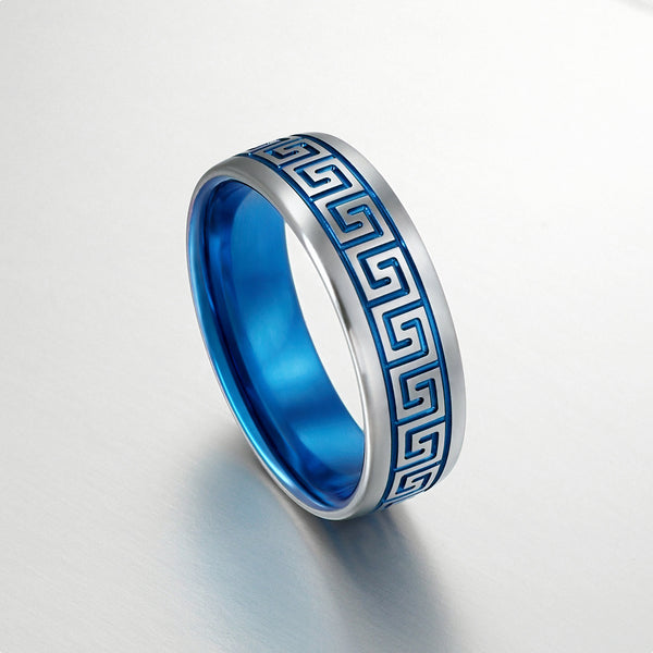 Greek Key Titanium Ring with Silver Inlay